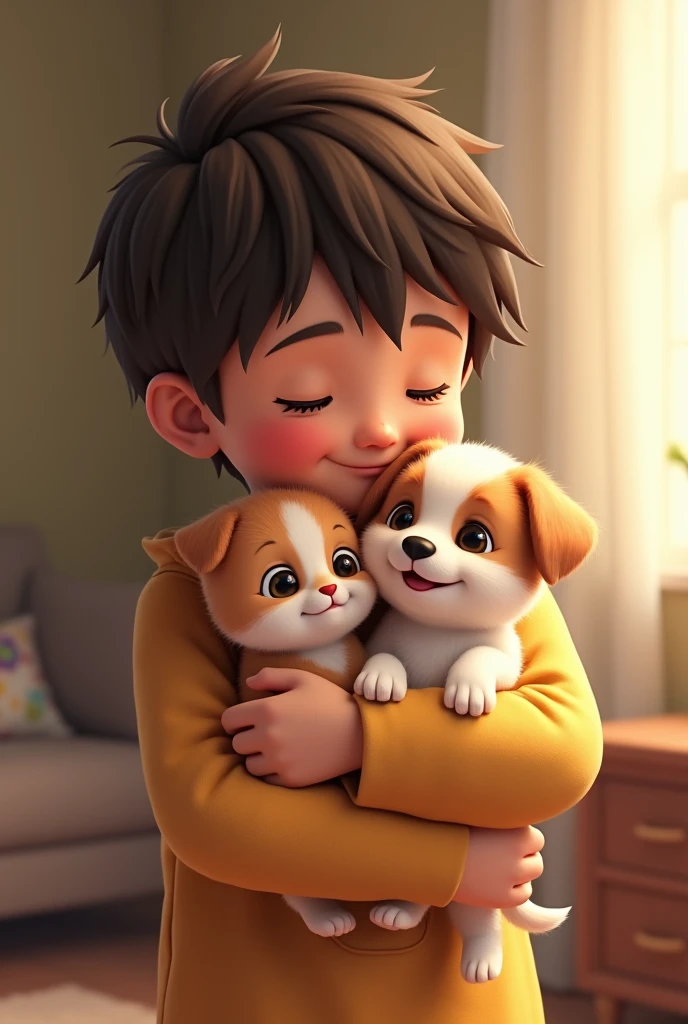 Human hugging Kitten and Puppy