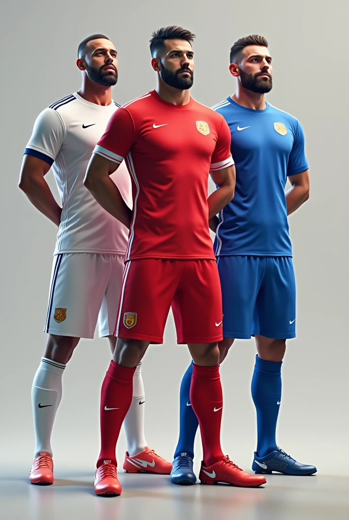 Create 5 modern professional soccer uniforms with white, red, blue and gold colors
