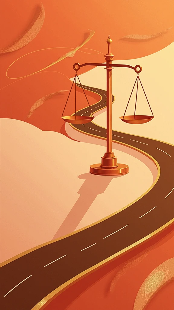 poster design，Abstract Road，The visual center is the scales representing law，Wealth Elements，Gold Tone，Illustration Design，Flat，Fractal Art，The picture is clean，No text or messy lines appear