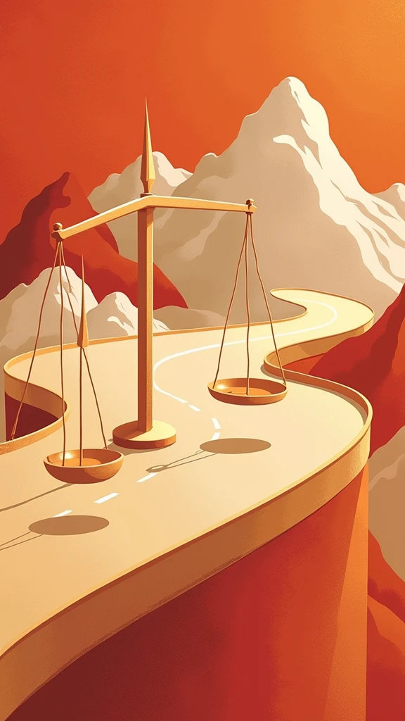 poster design,Abstract Road,The visual center is the scales representing law,Wealth Elements,Gold Tone,Illustration Design,Flat,Fractal Art,The picture is clean,No text or messy lines appear