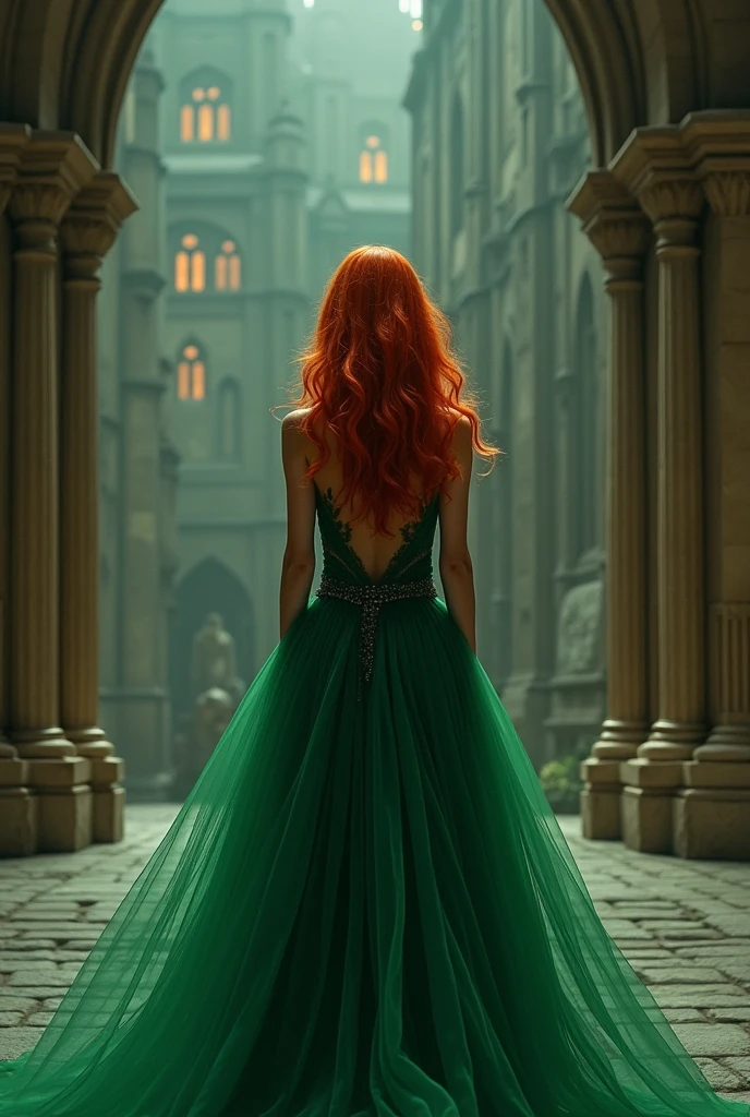 A red-haired woman in a green dress, That woman has her back turned and her face is not visible., similar to a hightower as a wattpad cover