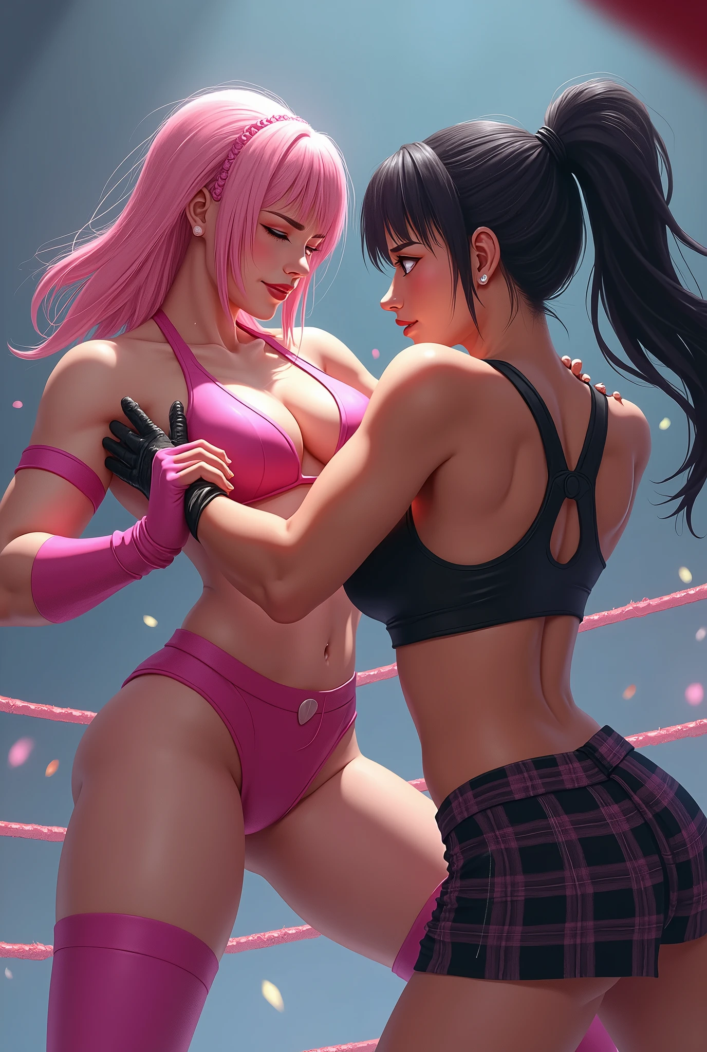 2 women hugging in an MMA CAGE, wearing sexy MMA clothes, on a hot summer day, sexy:1,5, yuri, lesbian, nsfw, lascivious:1,5, strong:1,2, perfect hands with 5 fingers, perfect arms, perfect anatomy, mma grapple