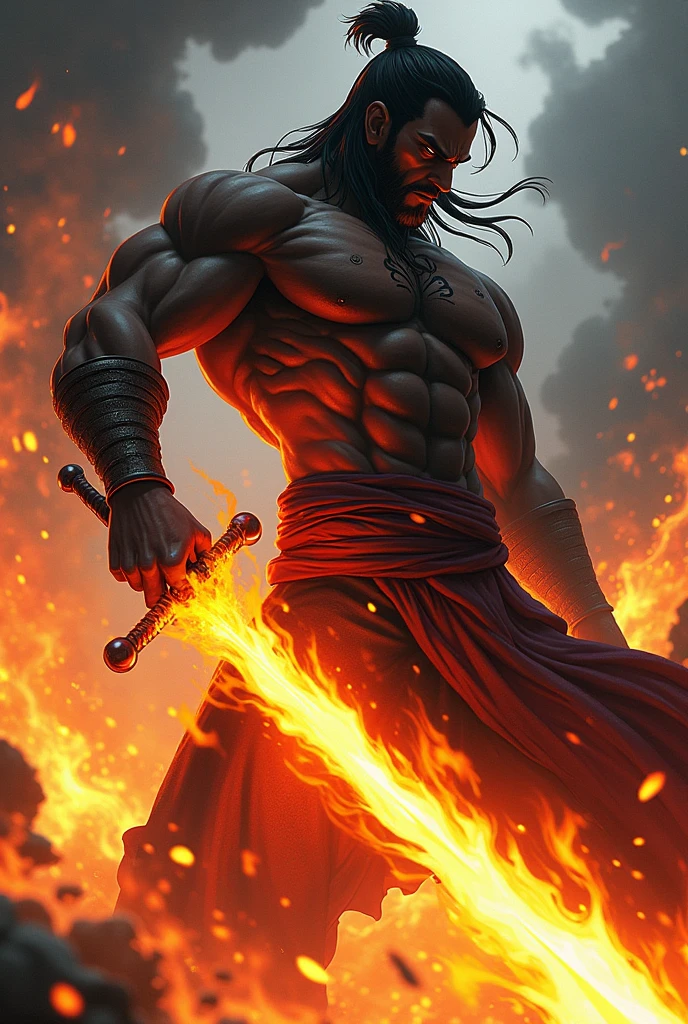 Dark skinned anime character man with fire sword