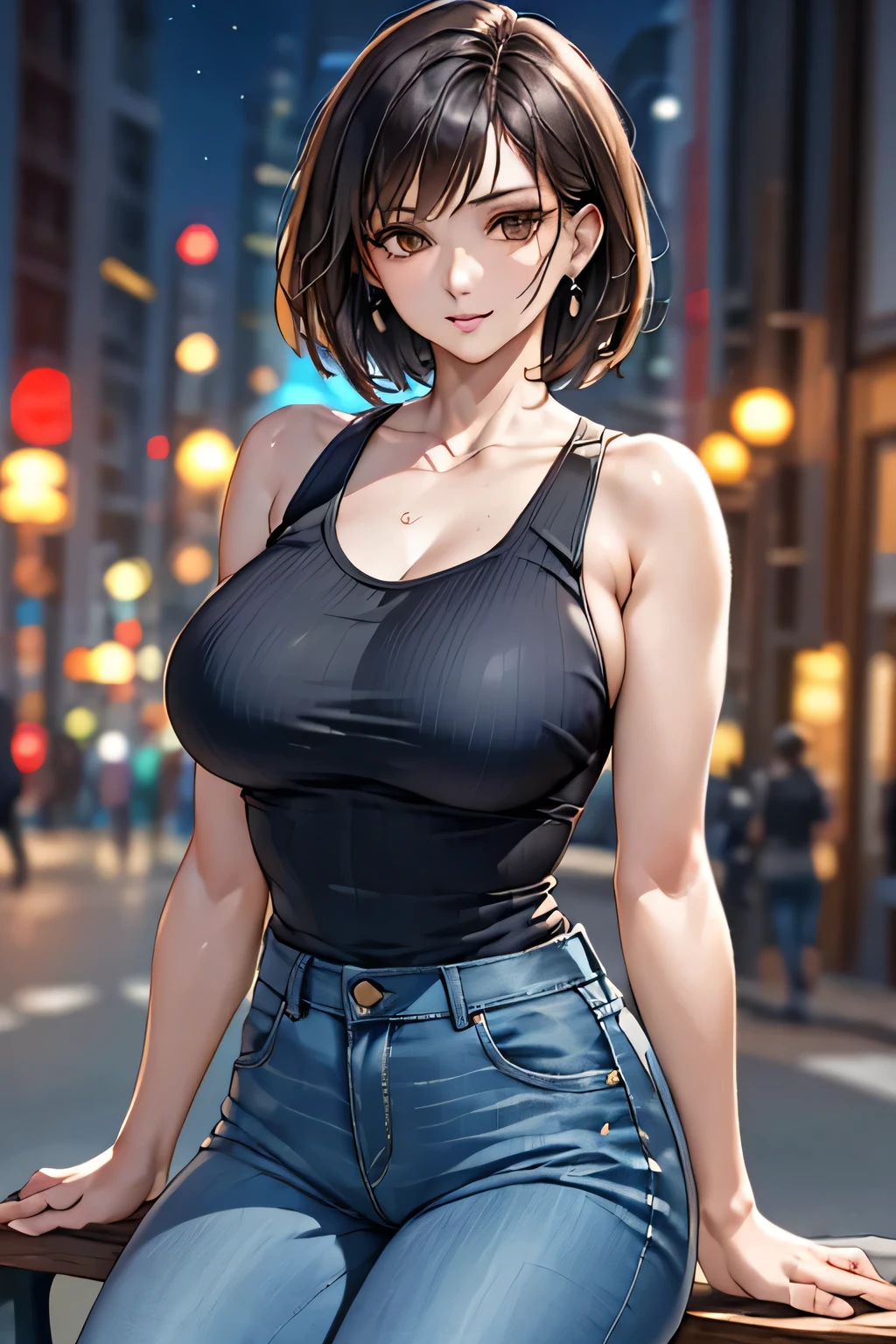 (1 Ultimate Beauty), Very detailedな顔, Beautiful brown eyes, double eyelid, Slightly thick detailed lip, Short black hair, Attractive and sexy, 48 years old, (Tank top, Tight jeans shorts:1.2), Big Breasts, Earrings, (night、Sitting on a bench on a public road), (From head to the hem of the skirt) ,8k, RAW Photos, Highest quality, masterpiece,Highest quality, Perfect lighting, (Realistic:1.4), (Very detailed), (Highest quality), (Best Shadow), (masterpiece), Ultra-high resolution