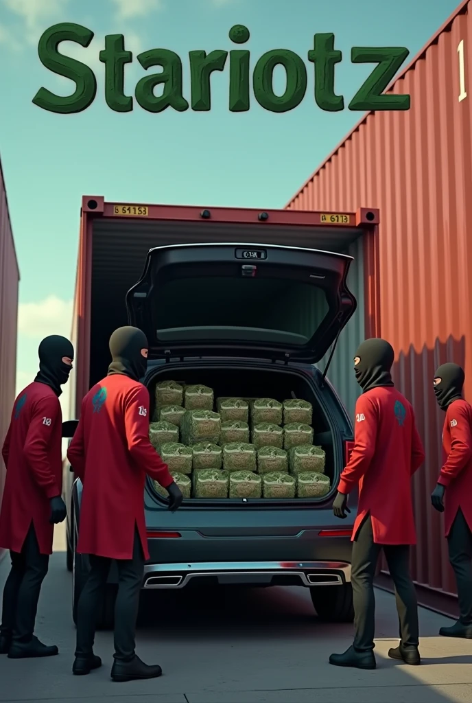 An animated image where a container full of packaged weed is being unloaded in a container port by several people and all people are wearing a Moroccan jersey and are fully masked and the weed is being loaded into the trunk of a Mercedes SUV and at the top of the image the name „STARIOTZ“ is written in large letters