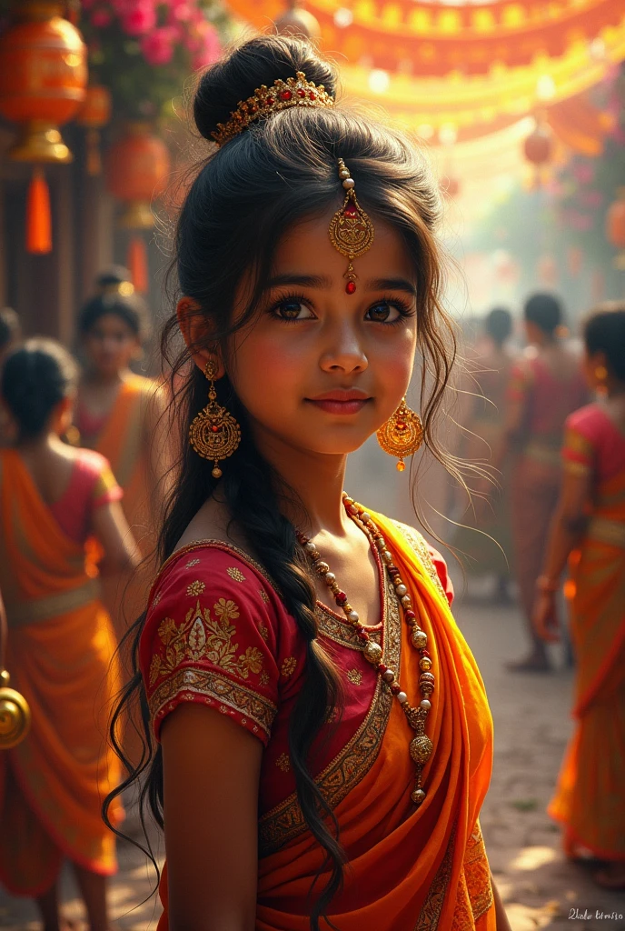 a girl in a traditional hindu festival, colorful traditional dress, detailed facial features, detailed eyes and expression, surrounded by festive decorations and cultural elements, intricate patterns, vibrant colors, dramatic lighting, cinematic composition, masterpiece, highly detailed, photorealistic