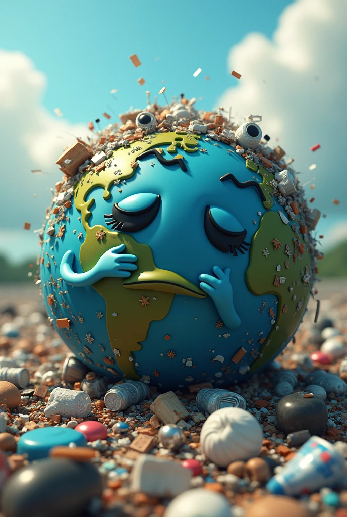 CREATE AN IMAGE OF PLANET EARTH WITH TRASH ON TOP WITH A SAD FACE AND COVERING HIS MOUTH ,closed eyes ,ANIMATED STYLE TRANSPARENT BACKGROUND