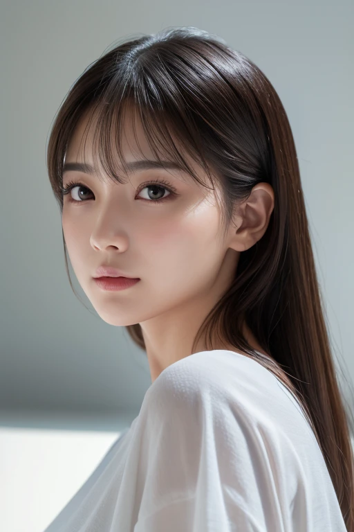 dress、(Photorealistic:1.4)、(hyper Realistic:1.4)、(Realistic:1.3)、(Smooth lighting:1.05)、(映画の照明Improvement of quality:0.9)、32K、One Girl、20-year-old girl、Realistic lighting、Backlight、Facial Light、Ray-tracing、(Bright light:1.2)、(Improvement of quality:1.4)、(Highest Quality Real Texture Skins:1.4)、Finely grained、Detailed painted face、Quality Eyes、(tired, Sleepy and satisfied:0.0)、 White T-shirt、(Enhance the mood of your body line:1.1)、(Enhances the beauty of skin texture:1.1)、((My Imada))、Specific Background、Medium length hair with even shape on both sides、cute、During meals