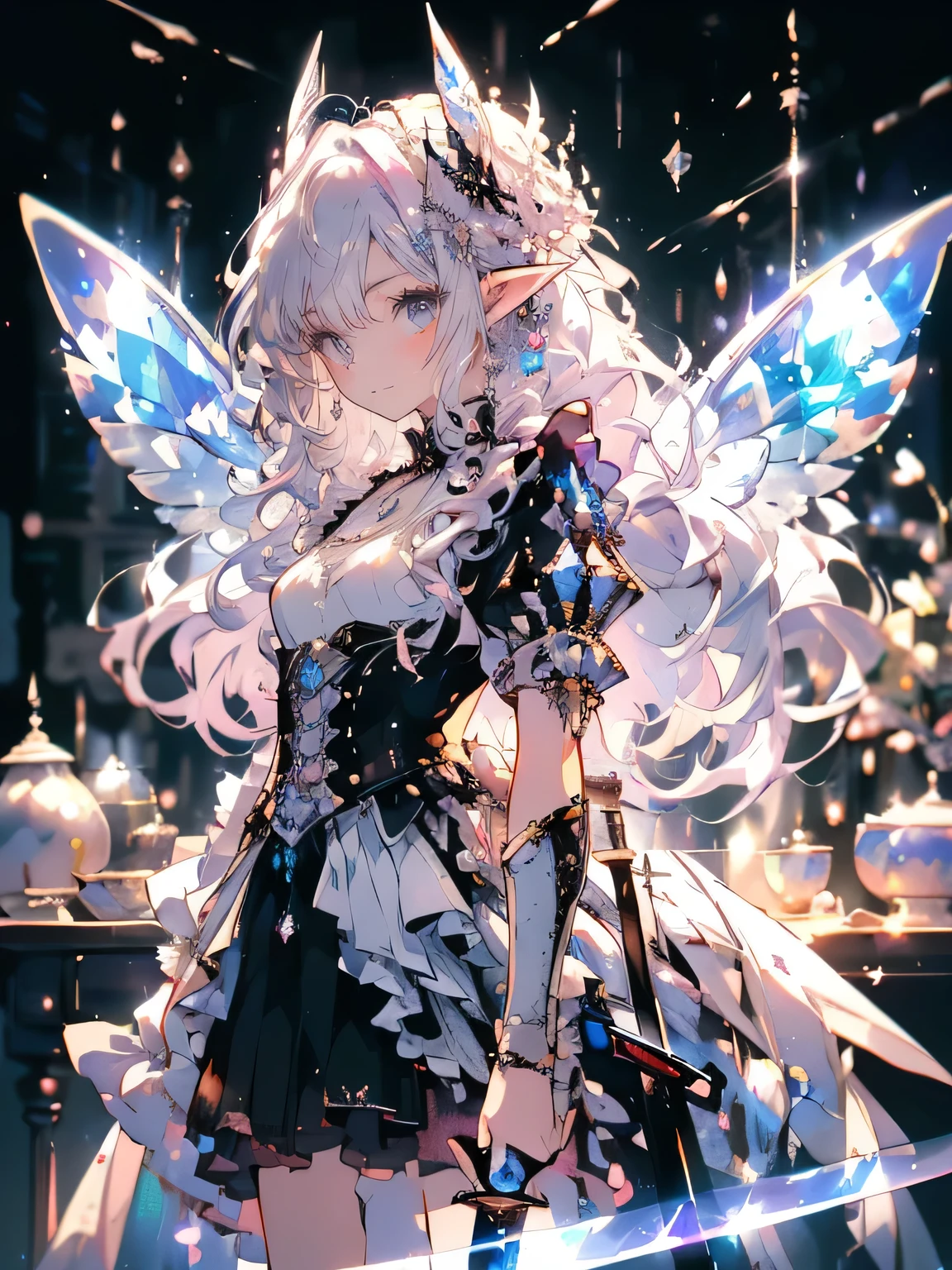 (masterpiece,best quality, Very detailed, beautiful, Beautifully, 16K, Full HD),((whole body)), ((Dark gothic castle background)),((seriously,Killing intent:1.5)),(Pale Flame Magic),((Ruffles, Rhinestones and silver,Black fluffy layered ball gown)),((There is a sword:1.5)),((Butterfly wings)),(Black headdress,Black necklace,Black earrings,Black shoes,),(Medium to long silver hair,Hair blowing in the wind, Fluffy hair),(White skin,Lavender-colored eyes, Long eyelashes, big eyes,Pale pink cheeks, Pointed ears), (On the table, Art Station, Fantasy Art:1.2),