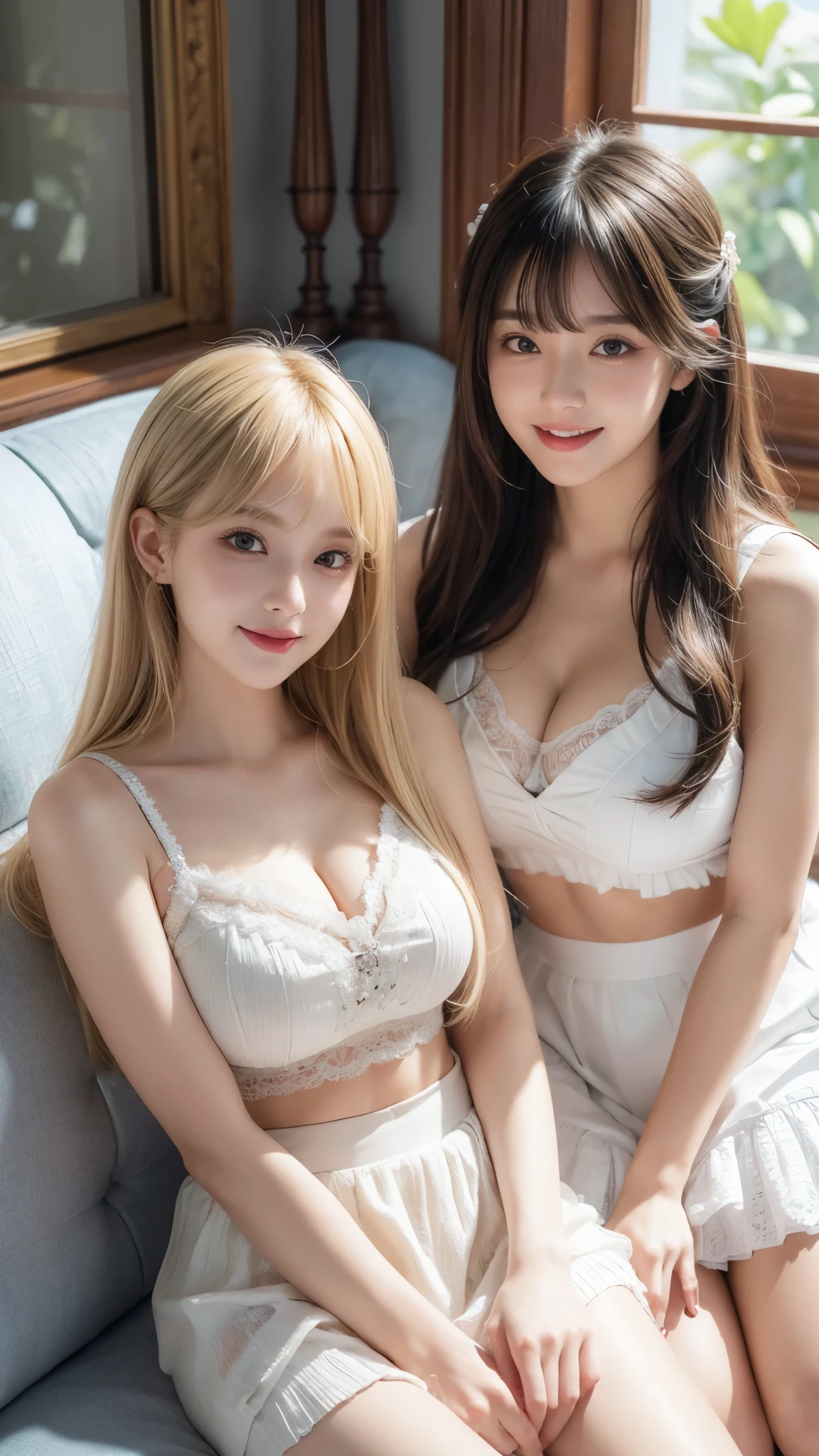 high quality, highly detailed illustration of, below view, crotch revealed, closeup shot, 2 girls, blonde hair, black hair,
puffy thights, long hair with fringe, smiling, sad open mouth, looking at viewer, makeup,
sitting pose, wearing white skirt, ruffled croptop with cleavage, couch, big window, luxurious indoor background