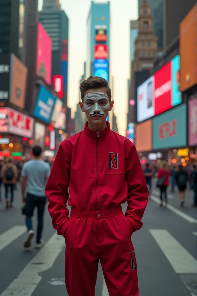 Boy in Money Heist clothes , posing for a photo on an avenue