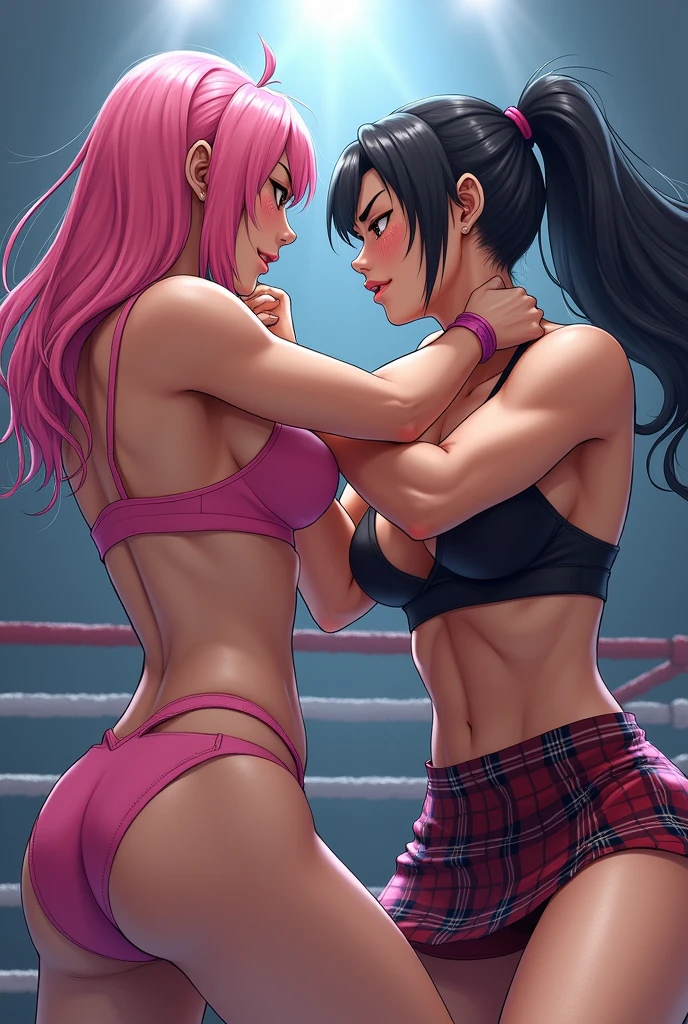 2 female wrestlers,  wrestler 1 shoulder length pink hair,  pink bra, pink tights,  huge breasts.  Wrestler 2, Asian, black ponytail,  black sports bra, plaid skirt. Engaged in combat in a wrestling ring with 3 ropes. 