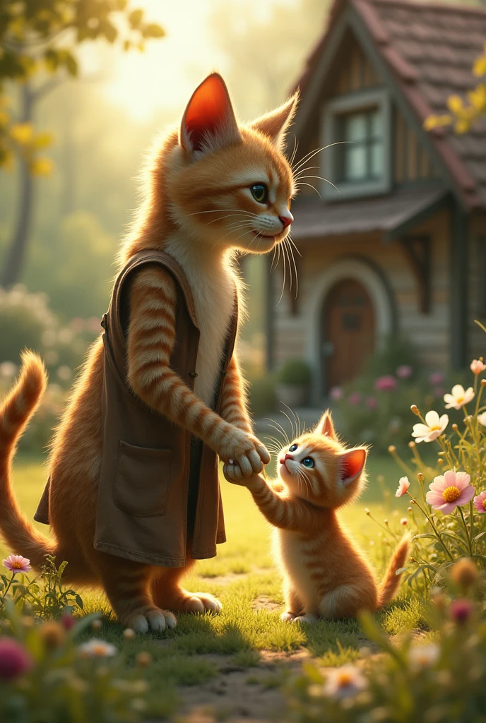 **Whiskers and Paws Together:**
- **Prompt:** "A serene garden with a small cozy cottage in the background. In the foreground, a unique creature—a cat with a human body—named Whiskers is playing with a tiny kitten named Paws. Whiskers has the head, tail, and fur of a cat but a human-like body, wearing simple, rustic clothing. The kitten, Paws, is playful and small, with bright eyes and a soft, fluffy coat. The setting is peaceful, with flowers and trees surrounding them, bathed in warm, golden sunlight."