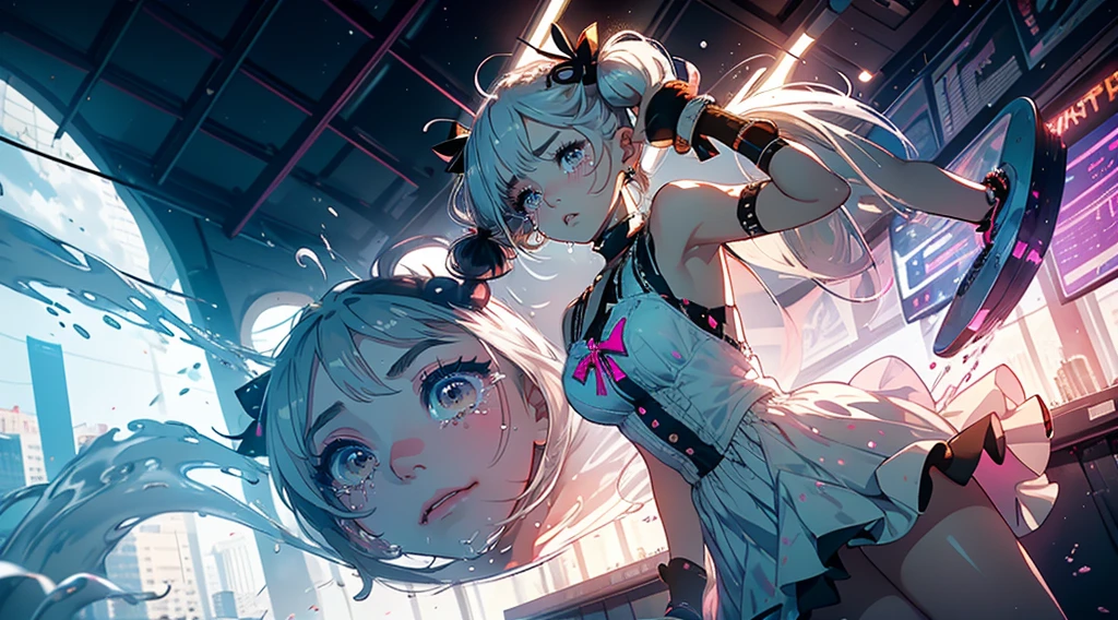 Hair shaking, victory, Long eyelashes, Solid round eye, A faint smile, ear blush, direction, (White hair), cosmetic, blush, sad, sad smile, shadow, Relief, Atmospheric perspective, 8K, Super Detail, precise, best quality, (Cyberpunk), Movie Lighting, masterpiece,1 Girl, ((((Short twin tails)))), Colorful hair, flight, Pink bow,((Female Model)), (Angel Halo), ((( wing ))), (magazine cover),  (cover), bold, striking, fashionable,  panoramic, Eye level shot, tiling from below,  ((((magazine cover layout)))), (((Lolita dress))), (((Wide-angle lens))), (((( Splash of Color )))),8k,Ultra-clear