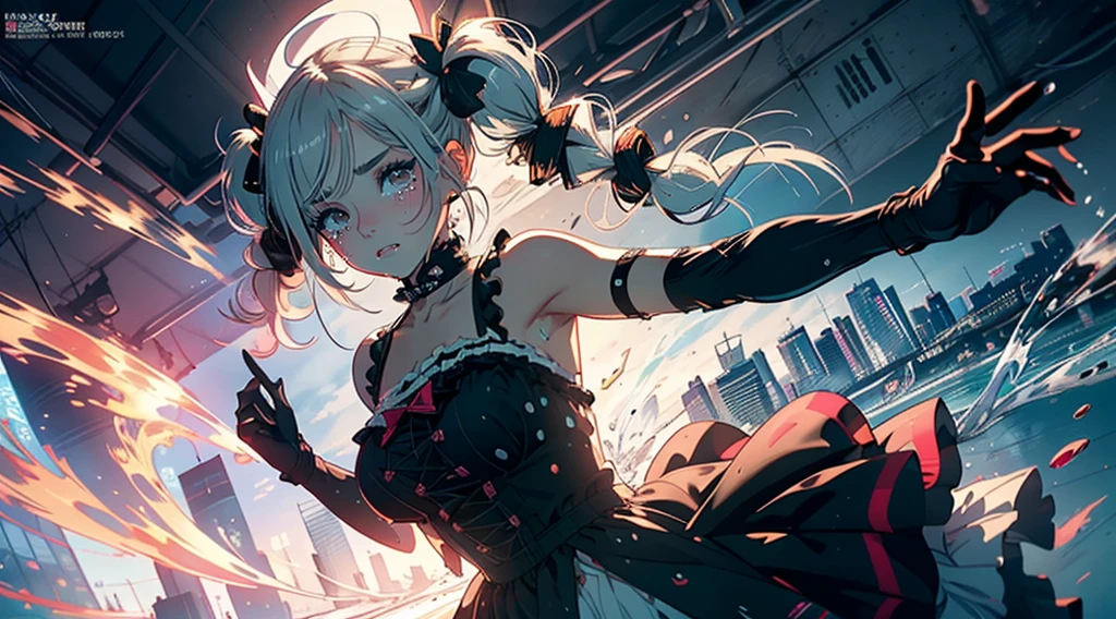 Hair shaking, victory, Long eyelashes, Solid round eye, A faint smile, ear blush, direction, (White hair), cosmetic, blush, sad, sad smile, shadow, Relief, Atmospheric perspective, 8K, Super Detail, precise, best quality, (Cyberpunk), Movie Lighting, masterpiece,1 Girl, ((((Short twin tails)))), Colorful hair, flight, Pink bow,((Female Model)), (Angel Halo), ((( wing ))), (magazine cover),  (cover), bold, striking, fashionable,  panoramic, Eye level shot, tiling from below,  ((((magazine cover layout)))), (((Lolita dress))), (((Wide-angle lens))), (((( Splash of Color )))),8k,Ultra-clear