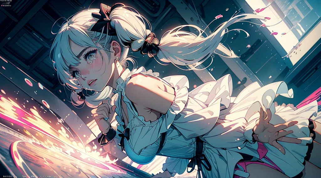Hair shaking, victory, Long eyelashes, Solid round eye, A faint smile, ear blush, direction, (White hair), cosmetic, blush, sad, sad smile, shadow, Relief, Atmospheric perspective, 8K, Super Detail, precise, best quality, (Cyberpunk), Movie Lighting, masterpiece,1 Girl, ((((Short twin tails)))), Colorful hair, flight, Pink bow,((Female Model)), (Angel Halo), ((( wing ))), (magazine cover), (cover), bold, striking, fashionable, panoramic, Eye level shot, tiling from below, ((((magazine cover layout)))), (((ta dress))), (((Wide-angle lens))), (((( Splash of Color )))),8k,Ultra-clear