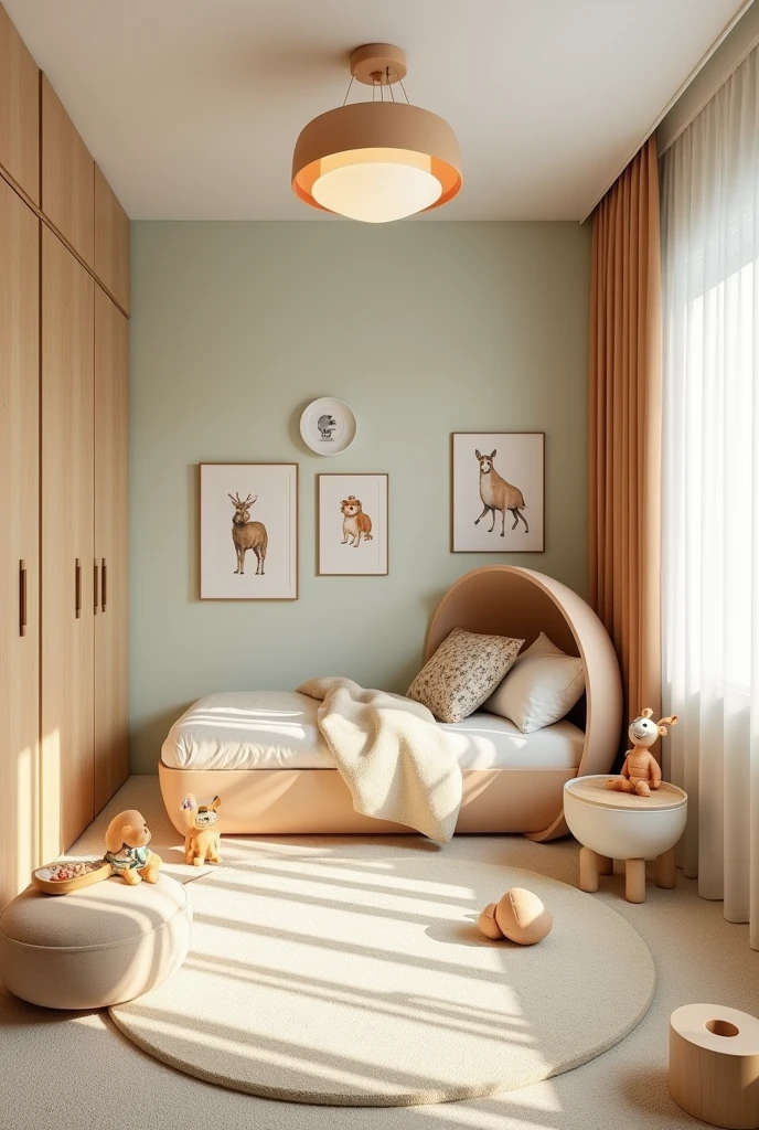 Professional 3d architecture rendering design of modern and   light moss and  so light Thunder and light cream and light orange  wooden   Modern and minimal  design for chid  bedroom  and light  cream   carpet  with animals painting and white painting wall and light wooden closet with animals painting and modern ceiling lighting and modern curtains for chid room and the child bed similar globe and safety chair for chid and many toys 