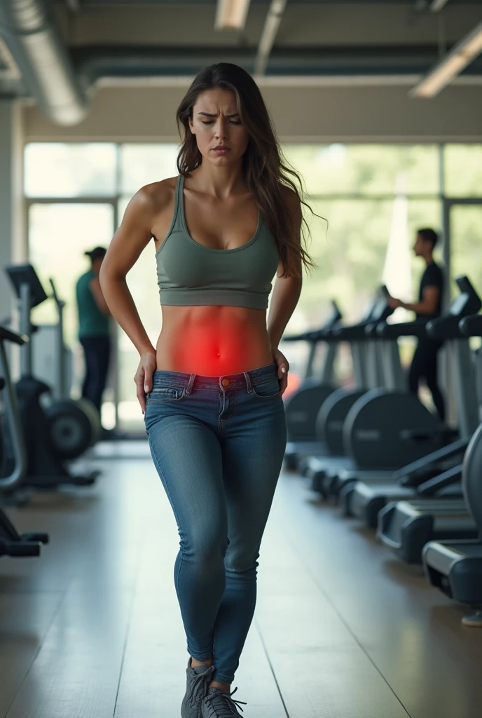 Young woman avoids doing exercises in gym due to sciatica pain