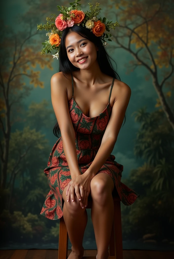 (High quality photo:1.5), 1women, a 25y pretty dayak woman with a warm expression wearing a beauty floral headpiece, sit astride on a wood stool, in grey slipdress, chubby, perfect hairstyle, natural face, natural warm soft light, (sexy pose:1.4), nature abstract art background, (still life fashion photography:1.4), (dark moody:1.3), dramatic, real moment, real object, (ultra highly detailed:1.5), (ultra realistic:1.5), detailed face and eyes, (real skin:1.3), shadow, (full body shot:1.3), (dynamic angle:1.4), soft focus, shot by mamiya R67, kodacrhome, dynamic composition