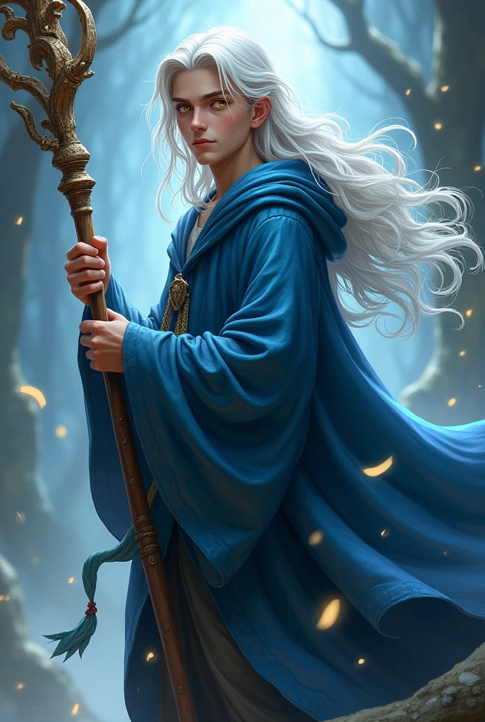 Male wizard in blue robe holding staff, LONG white hair, yellow  eyes, age 20 years