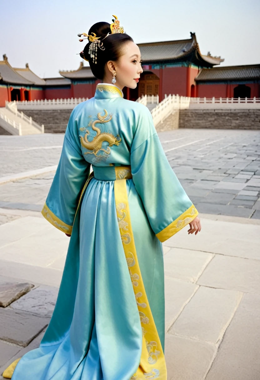The empress of the Qing Dynasty is wearing a Hanfu with small yellow dragons embroidered on it, but she is naked and has only her buttocks rolled up to expose them. Her profile is visible from behind, and the background is the stone paving of the Qing Dynasty palace.