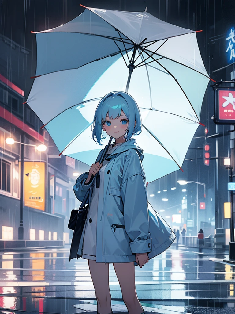 A girl,Light blue hair,Light blue eyes,solo,Smile a little,Using an umbrella,Heavy rain,In the city