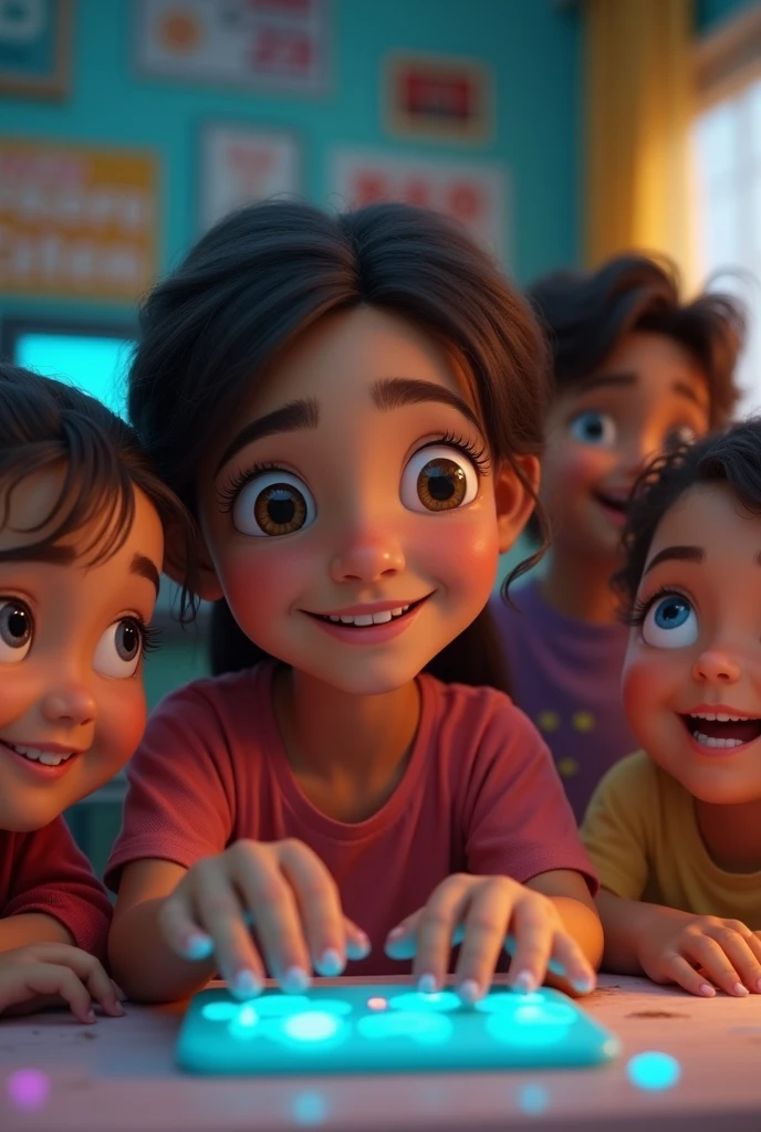 A group of diverse, enthusiastic children learning to code, Aaravi teaching them in a classroom setting, posters of tech and inspirational quotes on the walls, beautiful detailed eyes, beautiful detailed lips, extremely detailed eyes and face, long eyelashes, vibrant colors, warm lighting, 3d render, highly detailed, intricate details, masterpiece, photorealistic, hyper realistic, cinematic, dynamic composition, shallow depth of field, dramatic lighting, vibrant palette, whimsical, magical, awe-inspiring