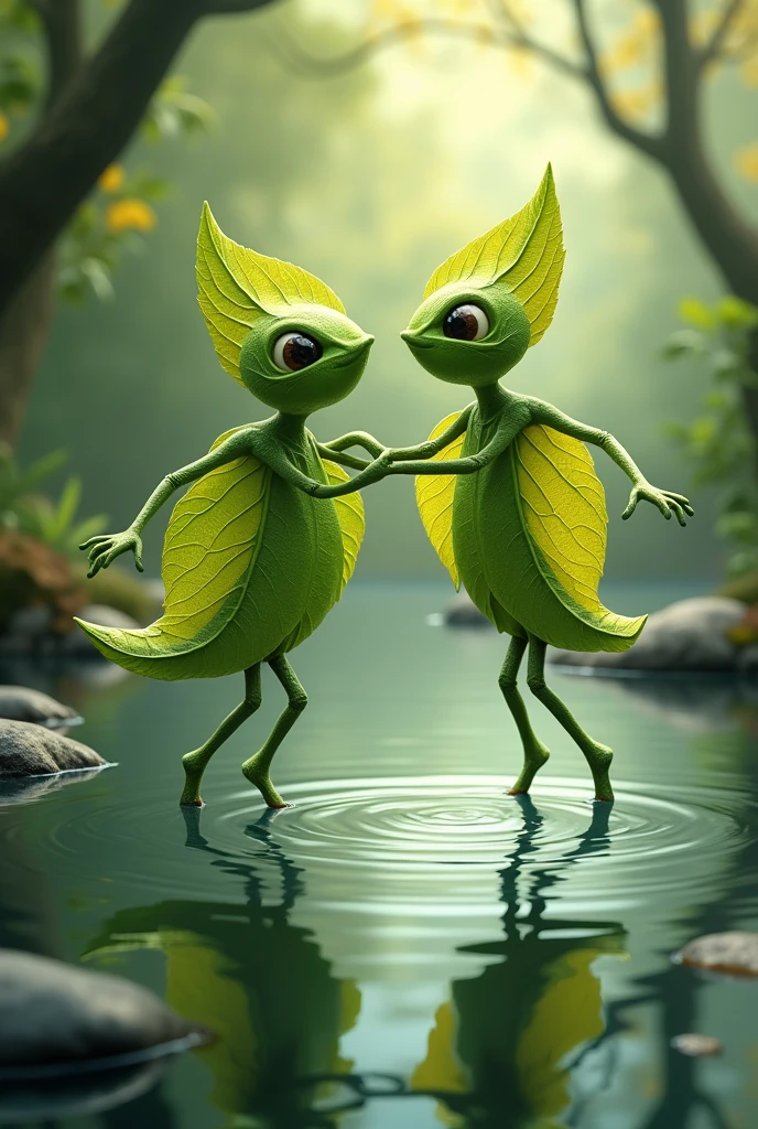 Two leaves of a tree with legs and arms dancing together over a small pond