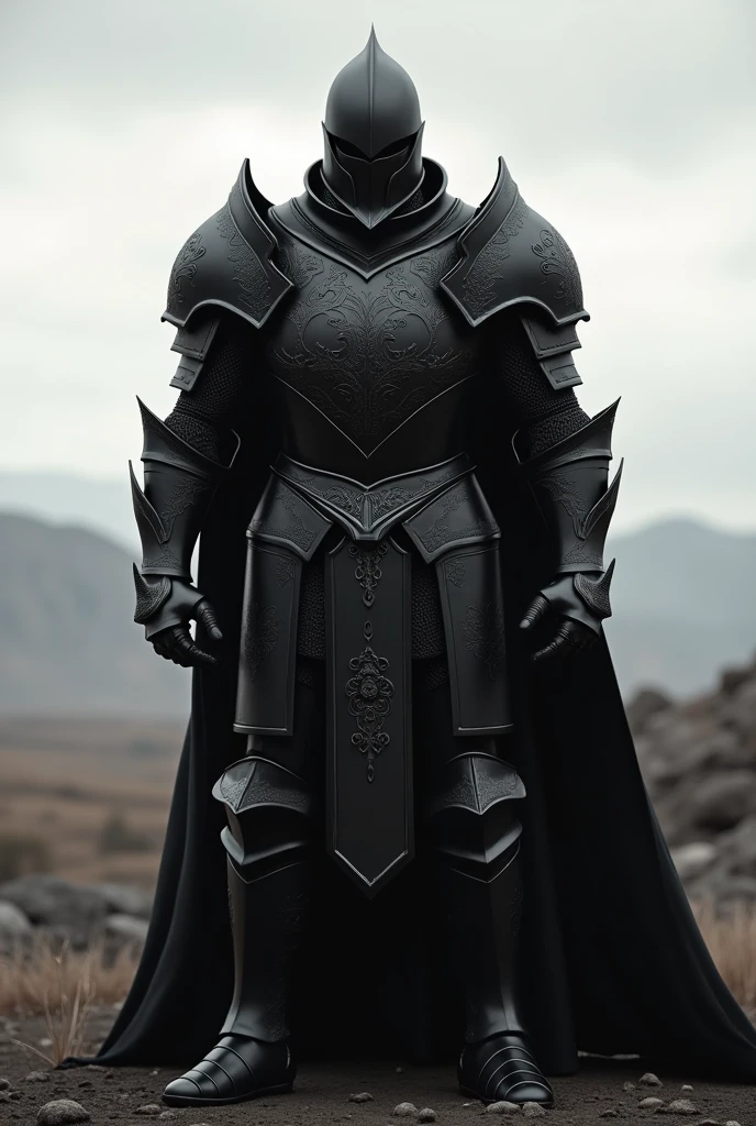 A knight in black armor with a fillet design