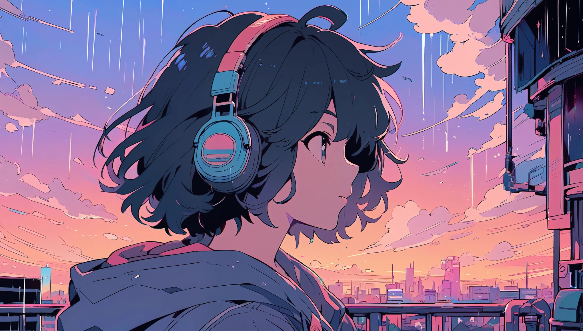 alone, lofi artstyle, lofi art, city, town, 80s anime style, Retro, Lo-Fi, masterpiece, best quality, (extremely detailed CG unity 8k wallpaper), (best quality), (best illustration), (best shadow), absurdres, realistic lighting, (Abyss), beautiful detailed reglow, Headphone, use headphone, use headphone ear, 1boy, black hair, cloud, from side, hood, jacket, male focus, messy hair, outdoors, profile, rain, short hair, sky, solo, sunset, upper body
