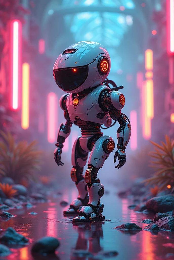 a cute robot, 1 robot,detailed mechanical parts, colorful and vibrant, surreal landscape, glowing neon lights, dynamic pose, cinematic lighting, highly detailed, digital art, concept art, 8k, hyper realistic, photorealistic