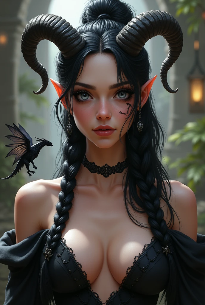 ((NSFW)), ((Mediovale)), Tiefling Drake Warden, pinkish skin, ram horns, ((full body)), completely white eyes, scar on the lips on the right side, Bblack hair, hair tied in a bun, scraping both sides, a braid on each side of the bangs. Fairy dragon companion pet,