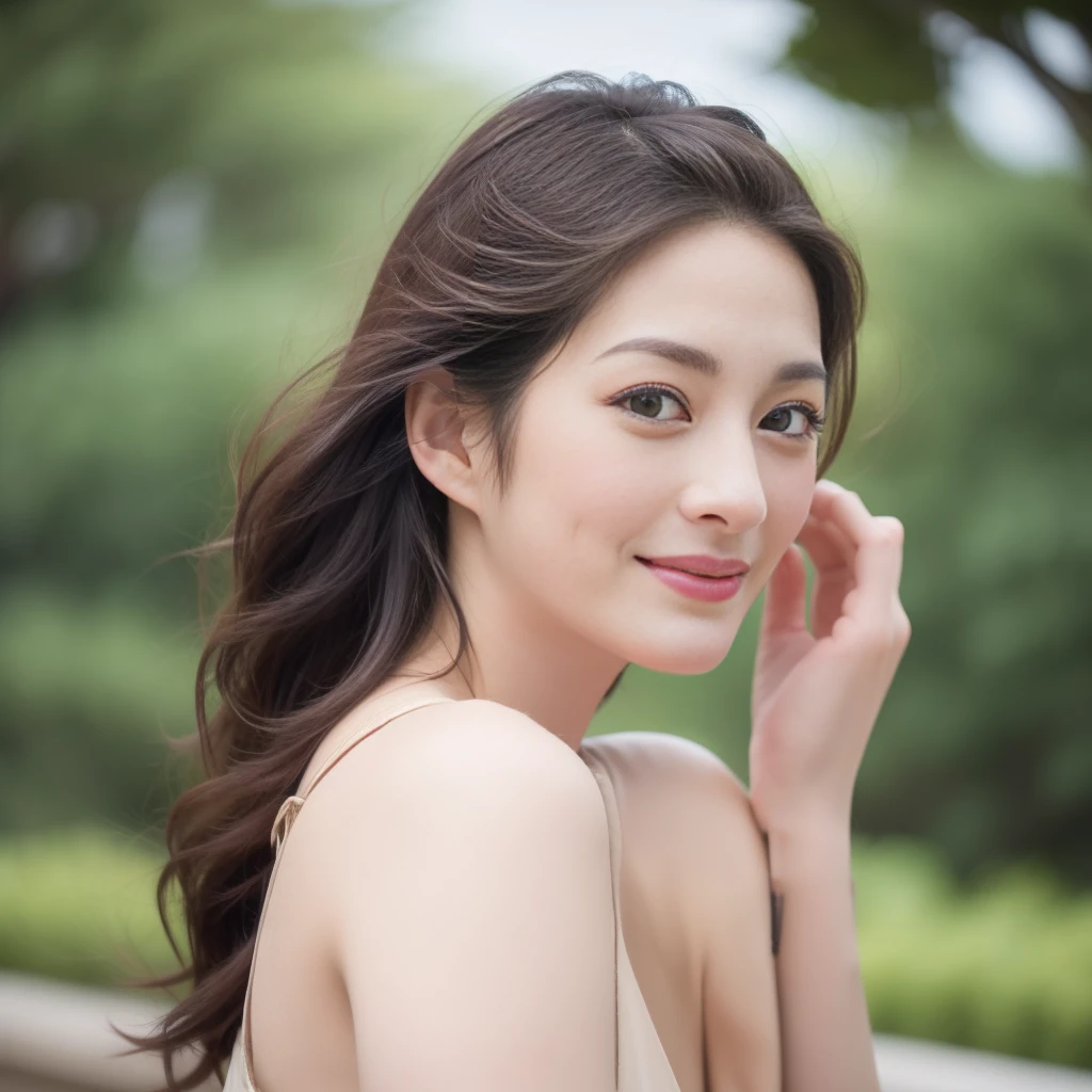 a Close-up portrait of gorgeous smiling cute Japanese woman in a nudity outfit, delicate facial features, porcelain-skinned, ponytail, a fusion of young Marion Cotillard's striking eyes and young Anne Hathaway's introspective gaze, long and slender cute face, Asian winged eyes, wavy nose, full wide lips, flowing very long straight black hair in the air, silhouette, bokeh,