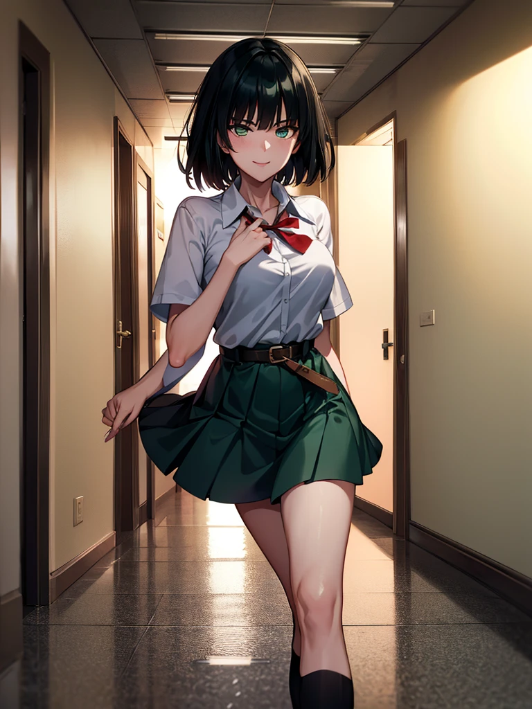 (high res, 8K, masterpiece, looking at viewer, best quality, very aesthetic, ultra detailed, ultra background, ultra Eyes) intricate details, 1girl, Fubuki, Chibi, small breast, short sleeved white shirt, Red short skirt, Pockets on the left chest, Red tie, Wearing a belt, dark green short hair, light green eyes, Smile Face, Background School Hallway, Cinematic Angle