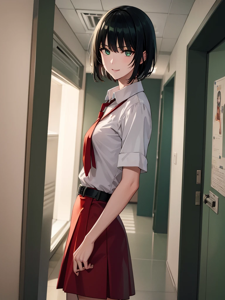 (high res, 8K, masterpiece, looking at viewer, best quality, very aesthetic, ultra detailed, ultra background, ultra Eyes) intricate details, 1girl, Fubuki, Chibi, small breast, short sleeved white shirt, Red short skirt, Pockets on the left chest, Red tie, Wearing a belt, dark green short hair, light green eyes, Smile Face, Background School Hallway, Cinematic Angle