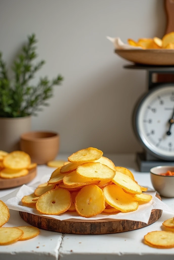 Commercial potato chips Absorbent paper Kitchen scale Alcohol Small container