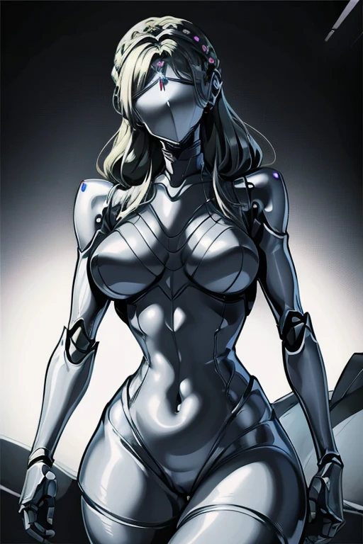empty eyes,robotized woman ,big bust,Robot Joint ,Metal skin,Black Suit,long hair,a suit that covers the whole body,mechanization,robot, antenna,black long hair