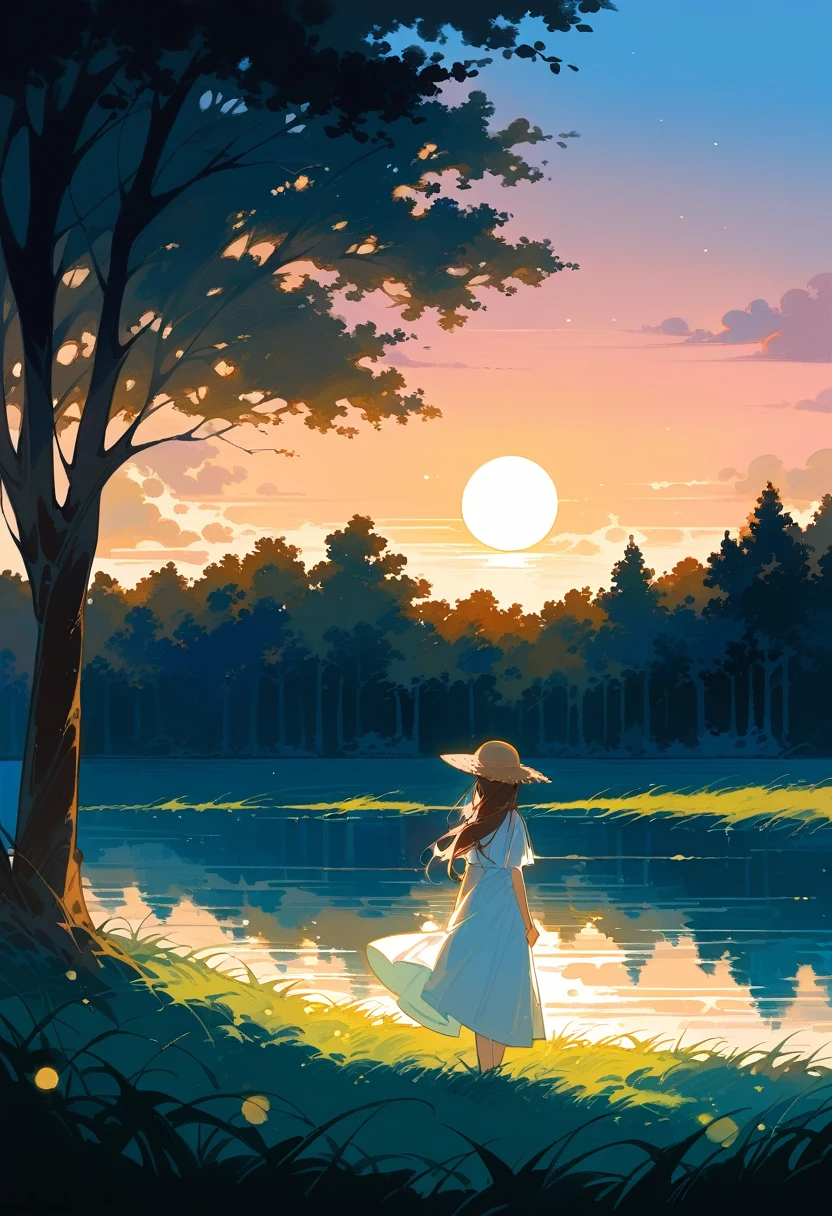 A painting of a serene outdoor scene at dusk, with a woman standing on a grassy hill overlooking a distant body of water. The woman is dressed in a simple, flowing white dress, with her back facing the viewer. She is resting her right hand on the trunk of a tall, reddish-brown tree, and she gazes toward the horizon where the full moon is rising in a soft, pastel-colored sky. The scene is bathed in the gentle, warm light of the setting sun, casting long shadows and highlighting the textures of the trees, grass, and the woman’s dress. A straw hat and a folded umbrella lie on the ground beside her, suggesting she has been enjoying a peaceful walk. The background features a tranquil landscape with trees framing the scene, and the moonlight subtly reflecting off the water in the distance.