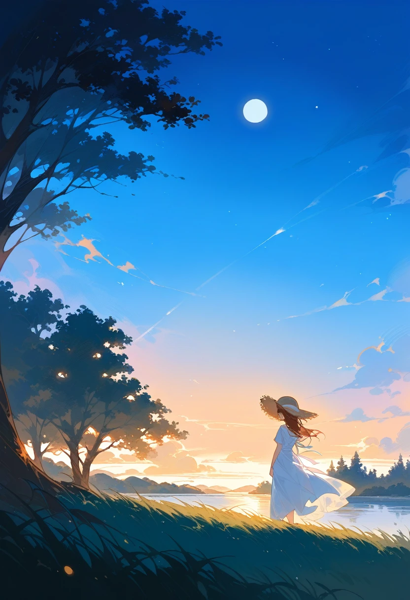 A painting of a serene outdoor scene at dusk, with a woman standing on a grassy hill overlooking a distant body of water. The woman is dressed in a simple, flowing white dress, with her back facing the viewer. She is resting her right hand on the trunk of a tall, reddish-brown tree, and she gazes toward the horizon where the full moon is rising in a soft, pastel-colored sky. The scene is bathed in the gentle, warm light of the setting sun, casting long shadows and highlighting the textures of the trees, grass, and the woman’s dress. A straw hat and a folded umbrella lie on the ground beside her, suggesting she has been enjoying a peaceful walk. The background features a tranquil landscape with trees framing the scene, and the moonlight subtly reflecting off the water in the distance.