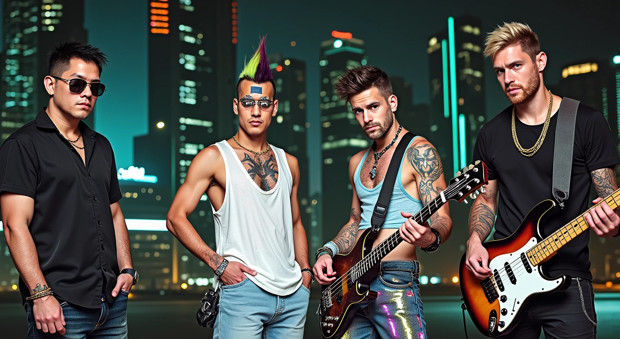 Create a cyberpunk band with the members of this image