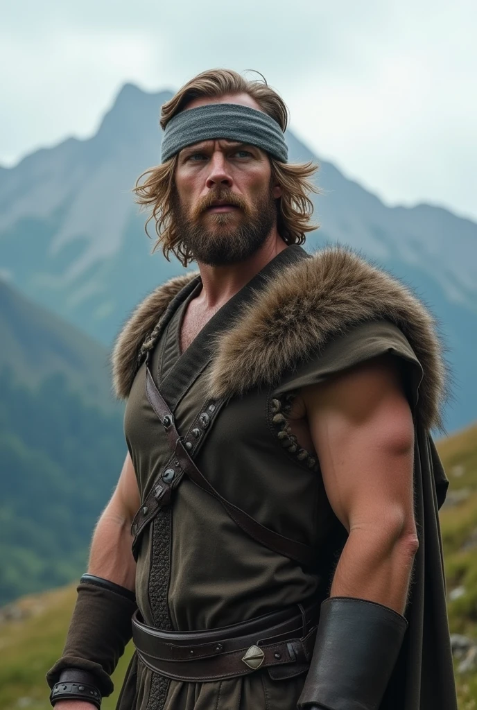 There is a man standing in a mountainous area. He is quite masculine, and has medium shoulder length hair. His hair is thick and dark blonde, having a waviness to it and curls at the base of the neck. The top of the hair goes down to his mouth, and the back goes down just past the base of his neck. He has a trimmed beard, and a grey blindfold covering his eyes. He also wears simplistic medieval clothing, looking somewhat like a Viking.