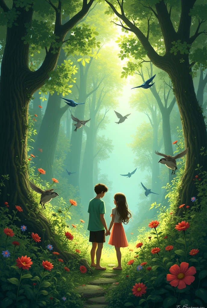 Nearby, the forest is alive with details like flowers, birds, and other woodland creatures watching the interaction.