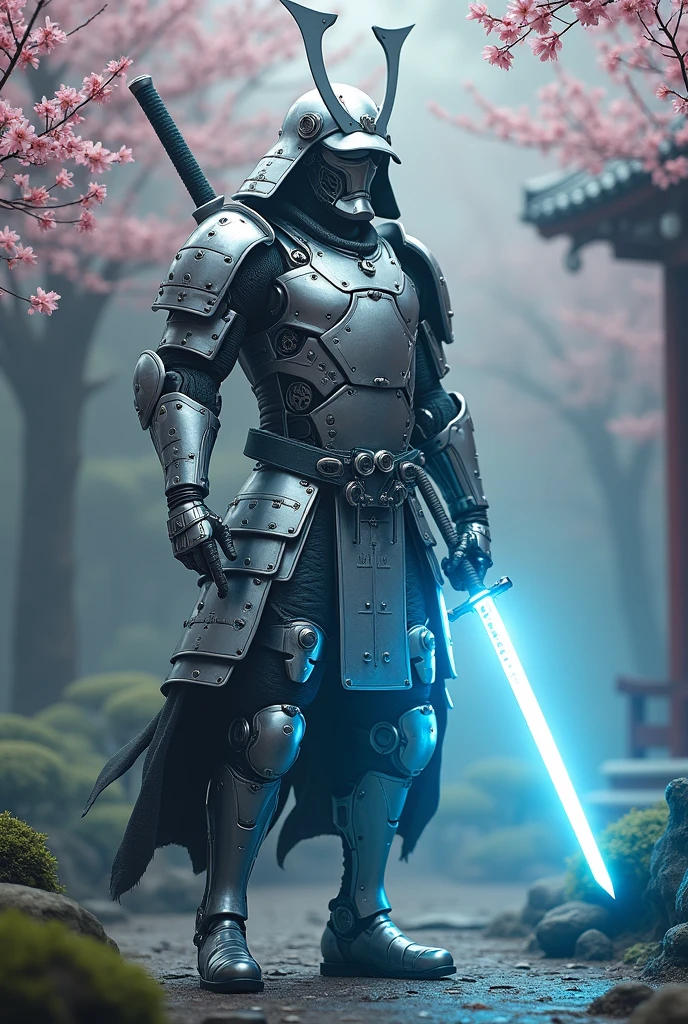 A highly detailed silver cybernetic samurai standing in a traditional Japanese garden, realistic lighting, cinematic composition, intricate mechanical details, glowing blue energy, dramatic pose, samurai armor, katana sword, cherry blossom trees, fog, mist, moody atmosphere, dark shadows, photorealistic, 8K, masterpiece