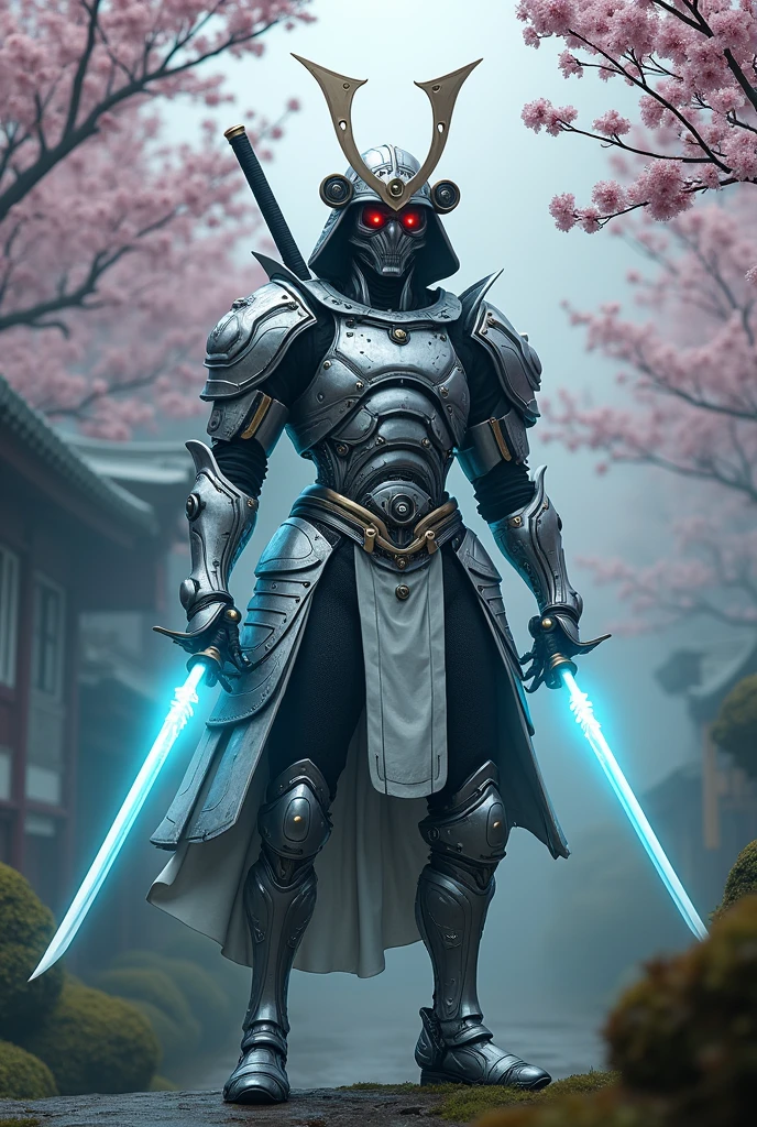 A highly detailed silver cybernetic samurai standing in a traditional Japanese garden, realistic lighting, cinematic composition, intricate mechanical details, glowing blue energy, dramatic pose, samurai armor, katana sword, cherry blossom trees, fog, mist, moody atmosphere, dark shadows, photorealistic, 8K, masterpiece