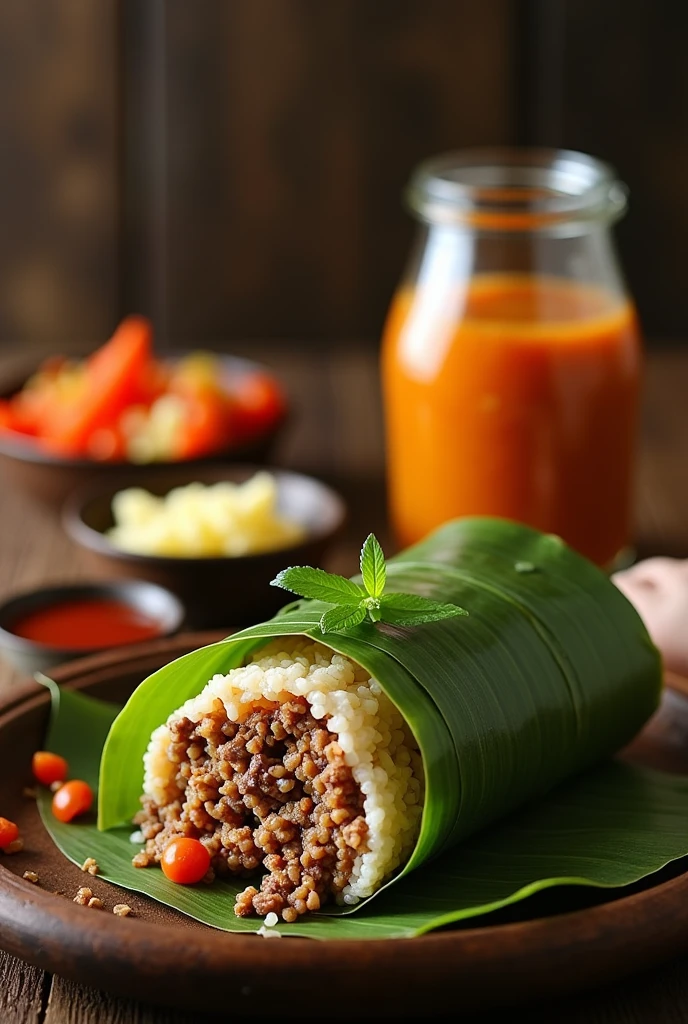 Pastil a filipino food rice with ground meat that wrap in banana leaves with condement in the background in a jar