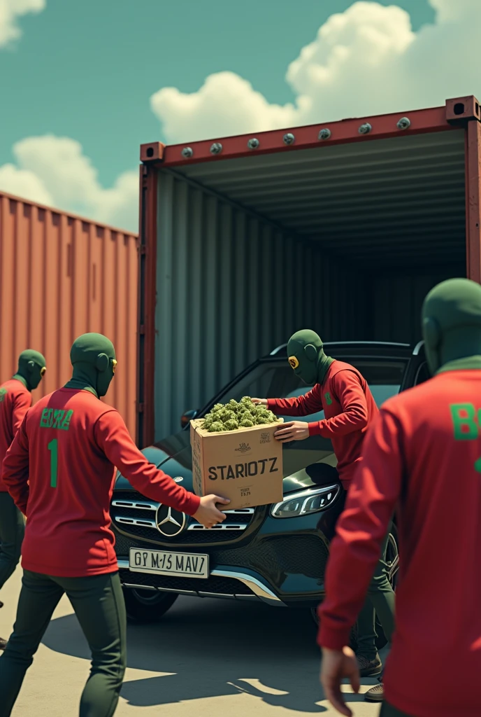 An animated image where a container full of packaged weed is being unloaded in a container port by several people and all people are wearing a Moroccan jersey and are fully masked and the weed is being loaded into the trunk of a Mercedes SUV and at the top of the image the name „STARIOTZ“ is written in large letters