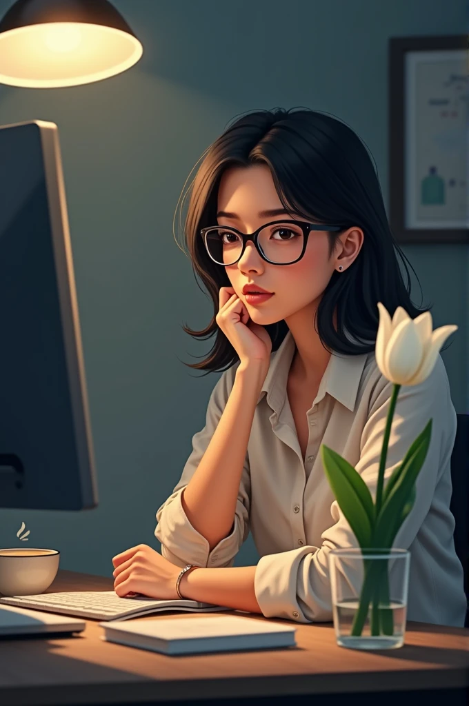 51 year old woman, semi-long dark hair, with glasses, sitting at a desk with a computer and a cup of coffee and a vase with a white tulip