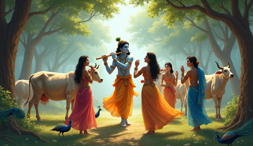 Lord Krishna playing with the flute and with some friends girls background in forest area cows and some peacock dancing with Lord Krishna with Radha beautiful girl in the world playing with Krishna inspire by Bhagwat Geeta
