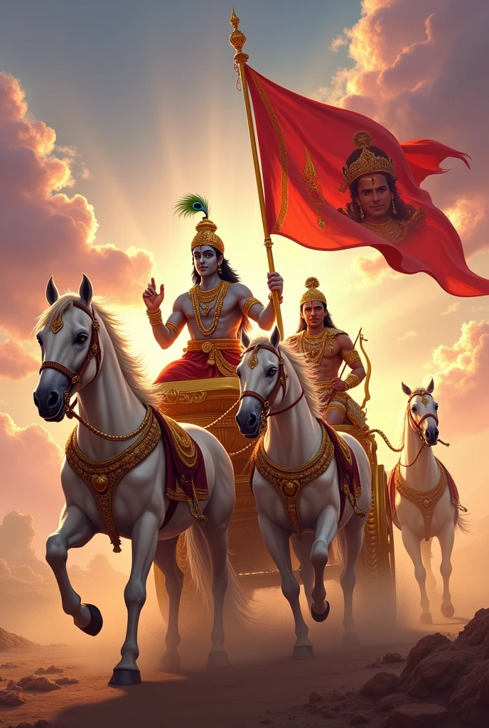 image depicting a dynamic and powerful scene from the epic battle of Kurukshetra. In this image, Lord Krishna and Arjuna are riding a magnificent golden chariot pulled by four white horses, galloping forward with intense speed. The horses, with their manes flying and eyes wide with determination, exhibit power and urgency, their muscular forms emphasizing their role in this epic moment.Krishna, the divine charioteer, stands confidently at the reins, dressed in golden robes. His crown is adorned with a peacock feather, and his expression is serene yet focused. He holds the reins in his left hand and a whip in his right, guiding the horses with divine precision, embodying calm amidst the chaos of battle.
Beside Krishna stands Arjuna, the warrior prince, poised with his bow drawn, ready to unleash his arrows. He is dressed in intricate warrior armor, his face a mix of determination and focus. His posture is strong and resolute, signaling his readiness to confront the forces of adharma (unrighteousness).Above the chariot, a vibrant red flag flutters proudly in the wind. This flag is not only a symbol of victory and divine guidance but also bears the image of Lord Hanuman, a revered symbol of strength, devotion, and protection. The image of Hanuman is depicted in a dynamic pose, adding a layer of divine power and blessing to the scene. The flag is attached to a golden staff that rises from the chariot, its movement adding to the intensity and dynamism of the scene.
The background is filled with dramatic clouds in shades of pink, purple, and gold, as the sky transitions from day to dusk. The chariot is enveloped in dust and the remnants of battle, emphasizing the fierce urgency of the moment. This image captures the essence of divine guidance, heroic resolve, and the unstoppable force of dharma, with the presence of Lord Hanuman's image on the flag underscoring the protection and divine support that accompanies Krishna and Arjuna in their epic struggle.