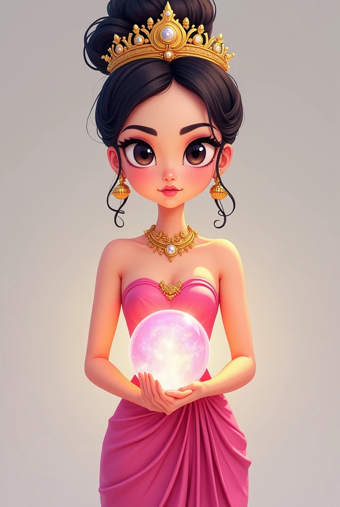A woman in a pink Thai tube top dress, wearing a chada, holding a glowing crystal ball, with a serious expression, standing in full view, standing like a beauty queen, cartoon.